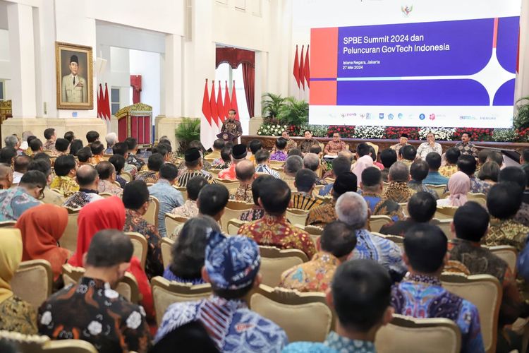 Suasana peluncuran INA Digital sebagai GovTech Indonesia dalam acara Sistem Pemerintahan Berbasis Elektronik (SPBE) Summit 2024 di Istana Negara, Jakarta, Senin (27/5/2024). 