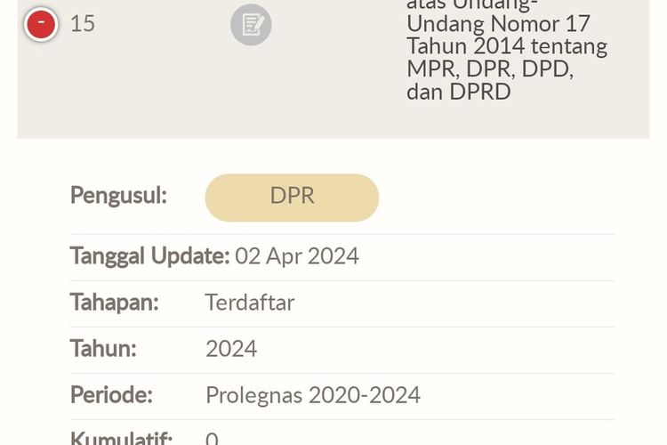 Tangkapan layar situs DPR soal revisi UU MD3 masuk daftar Prolegnas 2020-2024, Selasa (2/4/2024).