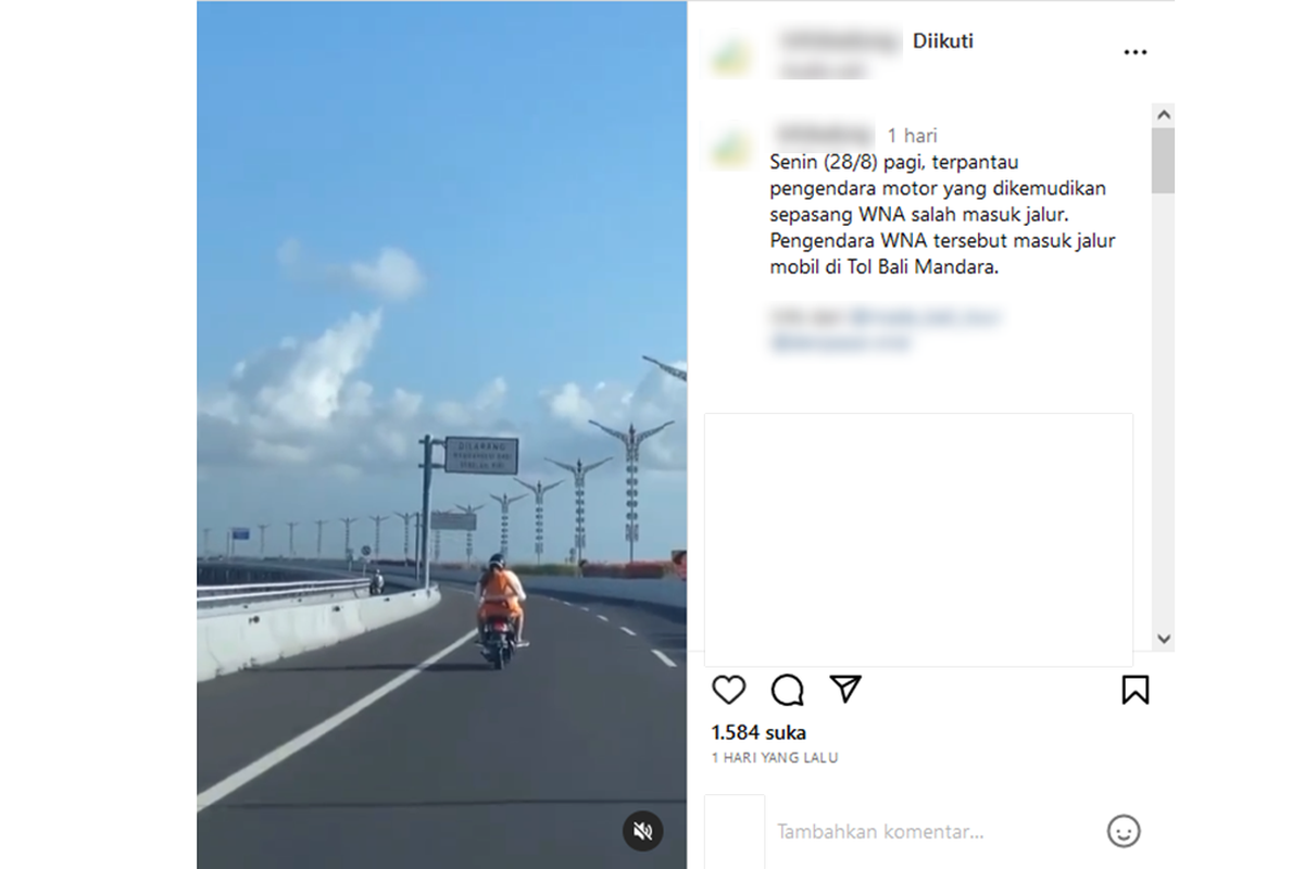 Tangkapan layar dua WNA berbocengan motor salah masuk jalur Tol Bali Mandara.