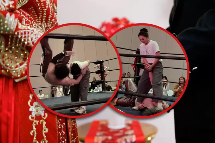 Pasangan di China ini mengadakan pertandingan gulat di acara pernikahan.