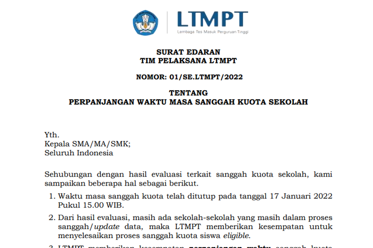 Tangkapan layar surat edaran mengenai perpanjangan masa sanggah kuota sekolah.