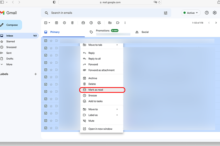 Cara menandai pesan baru menjadi pesan yang sudah dibaca di Gmail (Kompas.com/Caroline Saskia Tanoto)