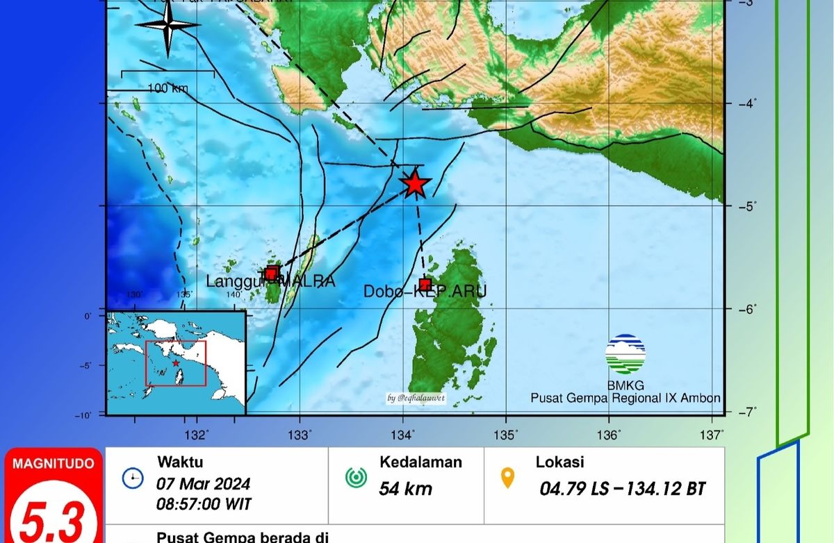Gempa M 5,3 Guncang Kepulauan Aru Maluku Tak Berpotensi Tsunami