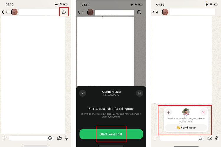 Ilustrasi cara menggunakan Voice Chat di grup WhatsApp dengan tombol.