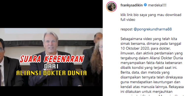 Tangkapan layar klaim palsu Aliansi Dokter Dunia yang dibagikan di sosial media.