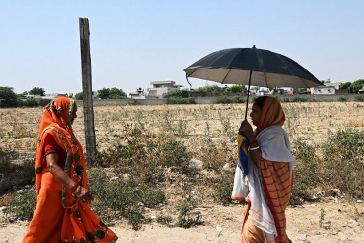 Seorang perempuan memegang payung untuk berlindung dari sinar matahari pada hari musim panas di Vrindavan pada 26 April 2024. 