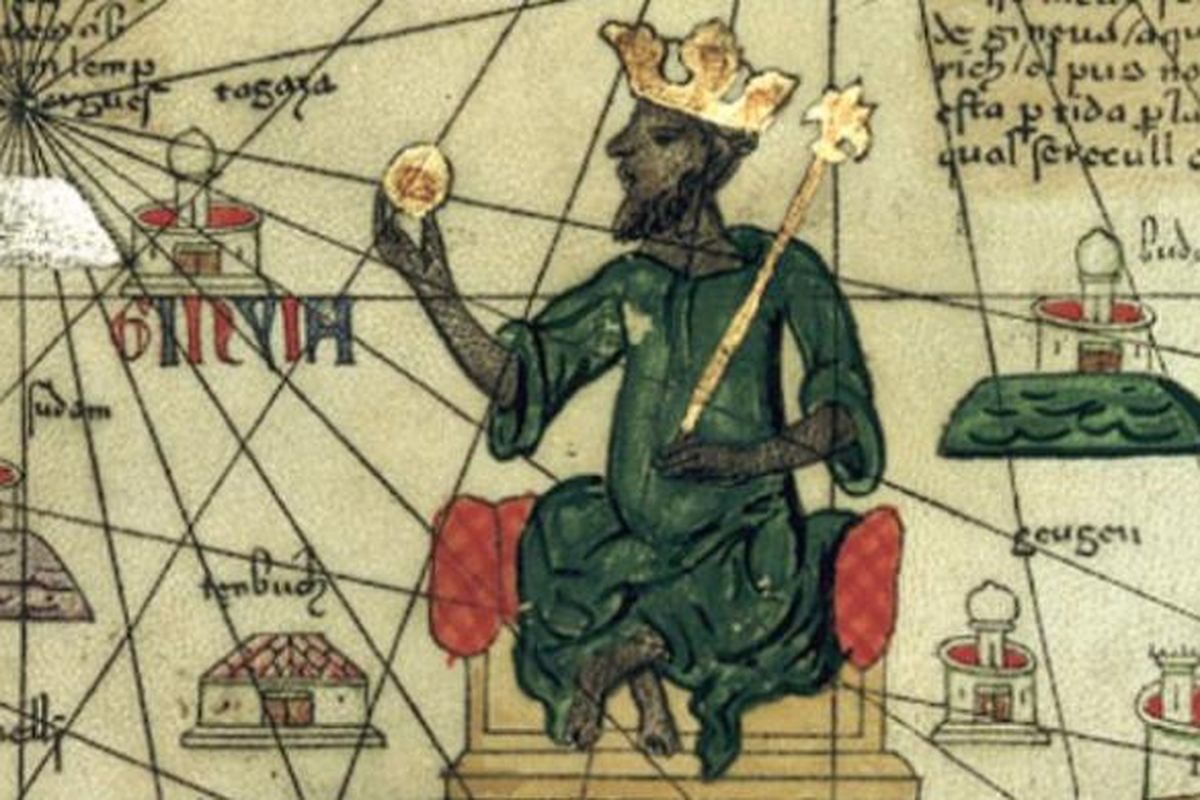 Sebuah penggambaran Mansa Musa, penguasa Kekaisaran Mali yang dimuat dalam Peta Dunia Catalan 1375 yang dibuat Abraham Cresques de Mallorca. Dalam lukisan ini Mansa Musa digambarkan memegang bongkahan emas dan mahkota bergaya Eropa.
