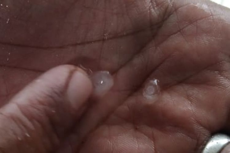 Warga Pasanggrahan Baru, Sumedang menunjukkan es yang jatuh dari langit saat hujan terjadi pada Rabu (11/1/2023) sore hingga petang. Dok. Warga/KOMPAS.com