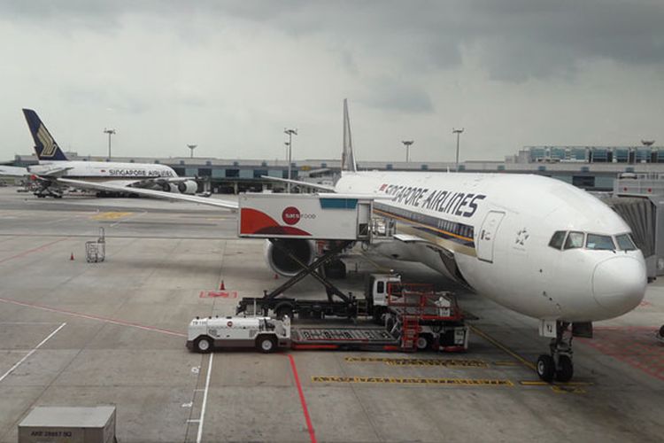 Pesawat Singapore Airlines di Bandara Changi, Singapura, Selasa (18/1/2017)