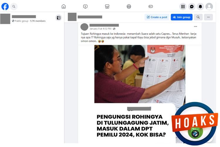 Tangkapan layar konten hoaks di sebuah akun Facebook, 9 Januari 2024, soal kedatangan pengungsi Rohingya untuk memenangkan salah satu capres.