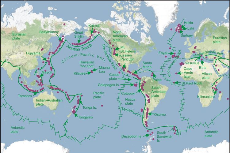 Peta jalur tektonik yang menunjukkan lokasi lempeng tektonik utama.