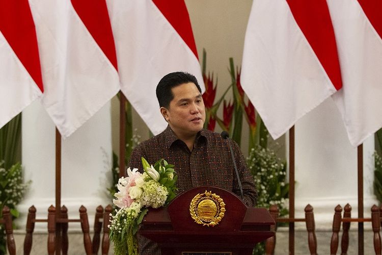 A file photo of State-Owned Enterprises Minister Erick Thohir who is also the chief executive of the newly established Covid-19 Handling and National Economic Recovery Committee delivering his speech at an event dated July 17, 2020. 