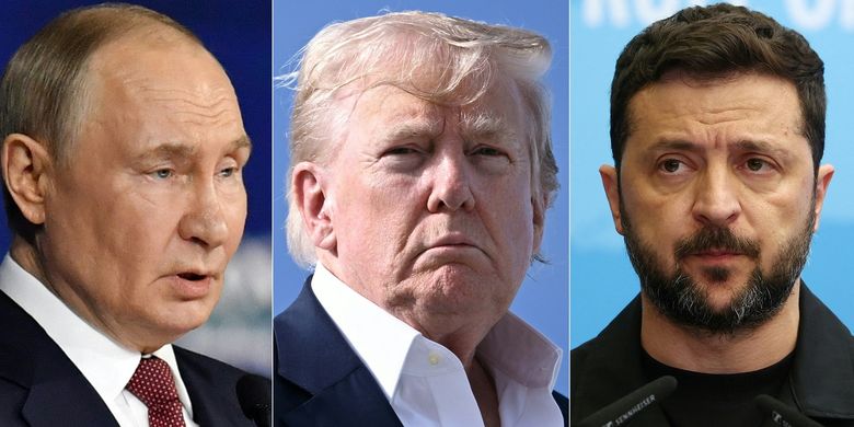 Kombinasi foto Presiden Rusia Vladimir Putin (kiri), Presiden Amerika Serikat Donald Trump (tengah), dan Presiden Ukraina Volodymyr Zelensky (kanan).