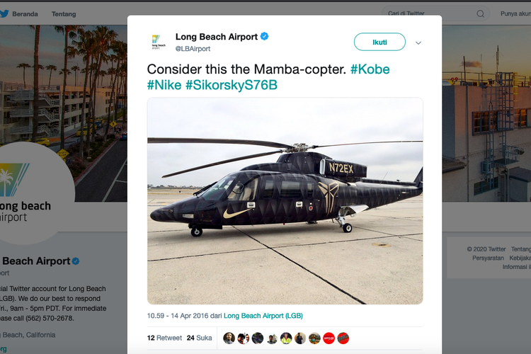 Akun Twitter Long Beach Airport pada 2015 lalu mengunggah foto helikopter SIkorsky S76B yang dipakai Kobe Bryant registrasi N72EX.