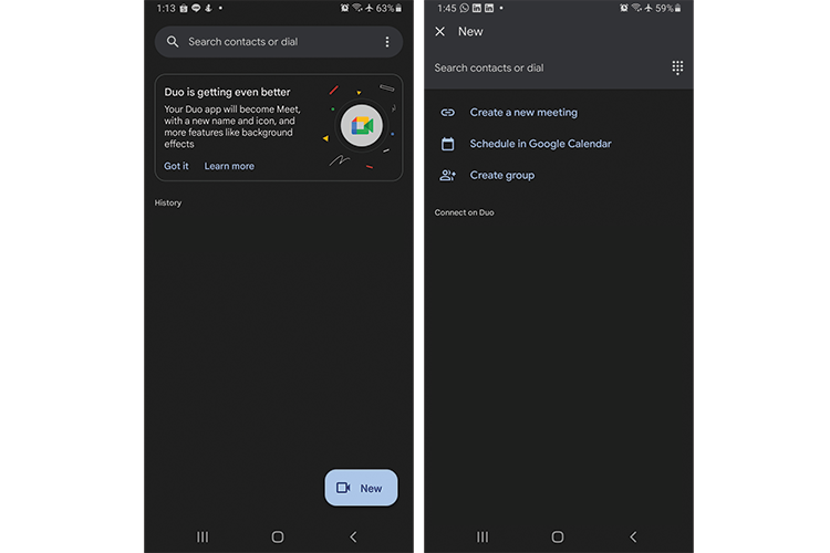 Hasil tangkapan layar aplikasi Google Duo di perangkat Android. Gambar sebelah kiri adalah halaman utama Duo, sedangkan gambar sebelah kanan adalah fitur-fitur yang dimiliki Duo saat ini (Sumber: KOMPAS.com/Caroline Saskia Tanoto)