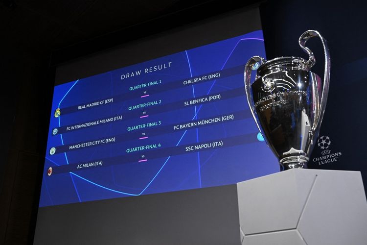 Hasil drawing Liga Champions 2022-2023 untuk fase perempat final terpampang pada layar. Drawing Liga Champions 2022-2023 ini digelar di markas UEFA, Nyon, Swiss, 17 Maret 2023. (Photo by Fabrice COFFRINI / AFP)
