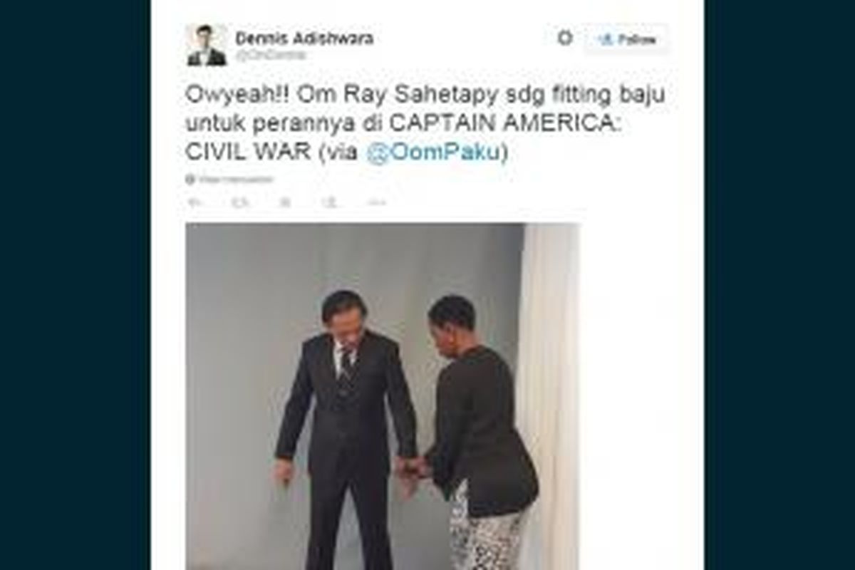 Foto Ray Sahetapy menjalani fitting busana sebelum shooting film Captain America: Civil War di Atlanta, AS, diunggah Dennis Adhiswara di Twitter.