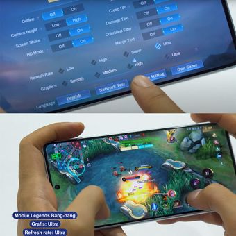 Game Mobile Legends: Bang-bang bisa dijalankan dengan setting tertinggi oleh Poco F5, baik untuk grafis maupun refresh rate (atas). Ketika bermain, refresh rate layar terlihat berada di angka 120 Hz sementara frame rate tak jauh berbeda.