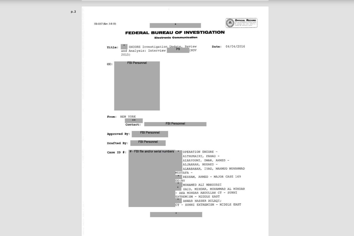 Tangkapan layar dari lebar dokumen penyelidikan FBI mengenai serangan 9 September 2001 yang akhirnya dirilis ke publik.
