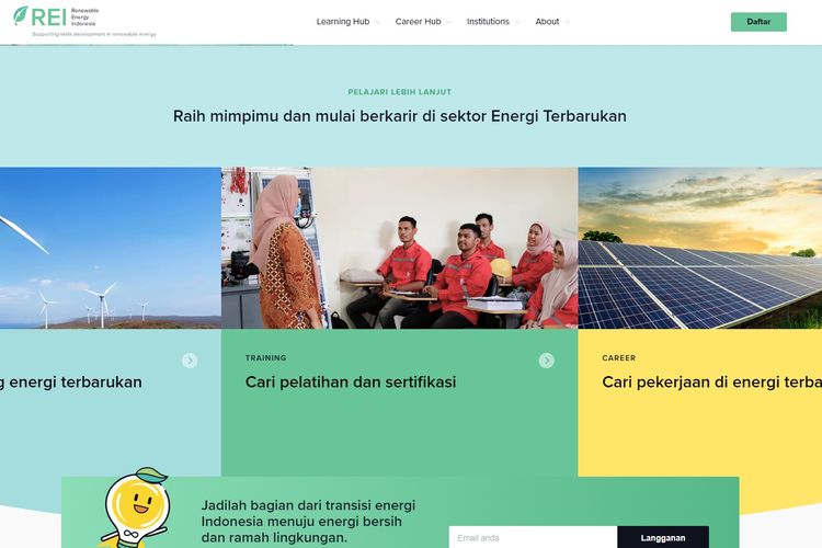 Tangkapan layar halaman muka situs web Renewable Energy Indonesia (REI) yang menyajikan seputar informasi lowongan kerja dan pelatihan mengenai energi terbarukan.