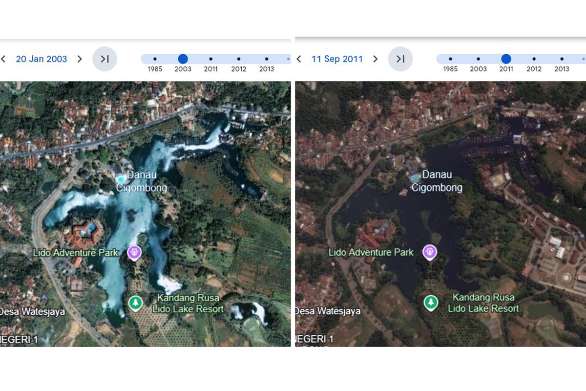 Tampilan Danau Cigombong alias Danau Lido tahun 2003 dan 2011 berdasarkan citra satelit melalui Google Earth. 