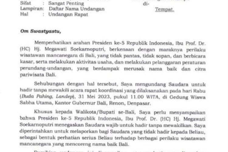 Surat undangan Gubernur Bali Wayan Koster kepada seluruh Walikota dan Bupati se Pulau Dewata untuk menghadiri rapat yang membahas soal perilaku WNA nakal. /Istimewa