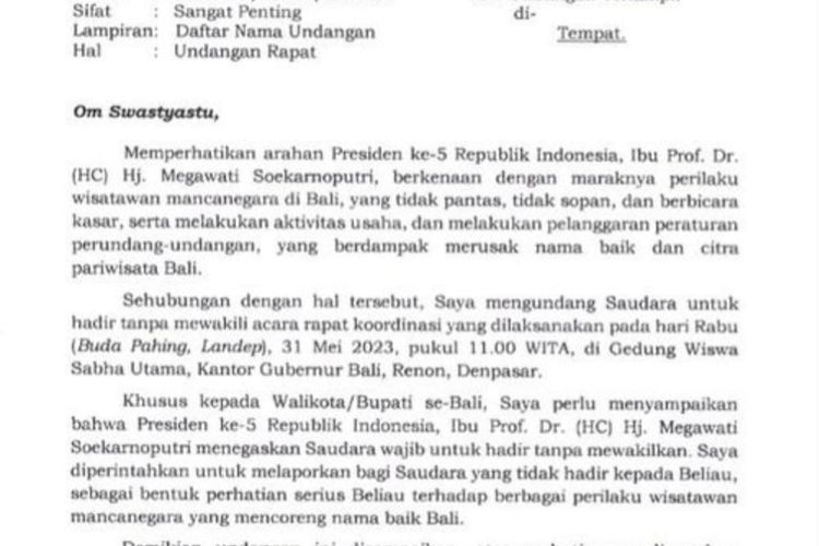 Surat undangan Gubernur Bali Wayan Koster kepada seluruh Walikota dan Bupati se-Pulau Bali untuk menghadiri rapat yang membahas soal perilaku WNA nakal.