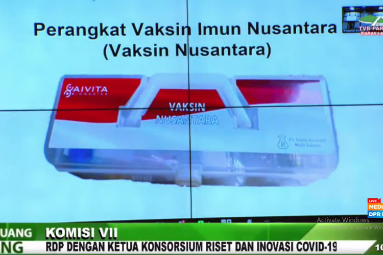 Tangkapan layar perangkat Vaksin Nusantara yang dipaparkan Terawan Agus Putranto dalam Rapat Dengar Pendapat Komisi VII DPR, Rabu (16/6/2021).