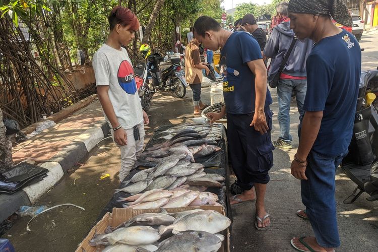 Pasar Kaget yang menjual ikan untuk tahun baru di Jalan Pluit Karang Barat, Penjaringan, Jakarta Utara, Selasa (31/12/2019)