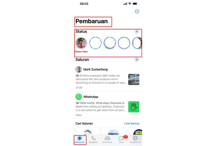 Menus status WhatsApp yang berubah namanya jadi pembaruan dan tampilan daftarnya jadi tersusun menyamping mirip Story IG.