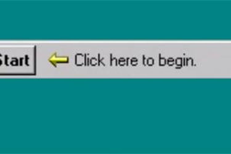 Ilustrasi tampilan tombol Start versi awal di Windows 95, yang disertai label click here to begin sebagai petunjuk fungsinya, 