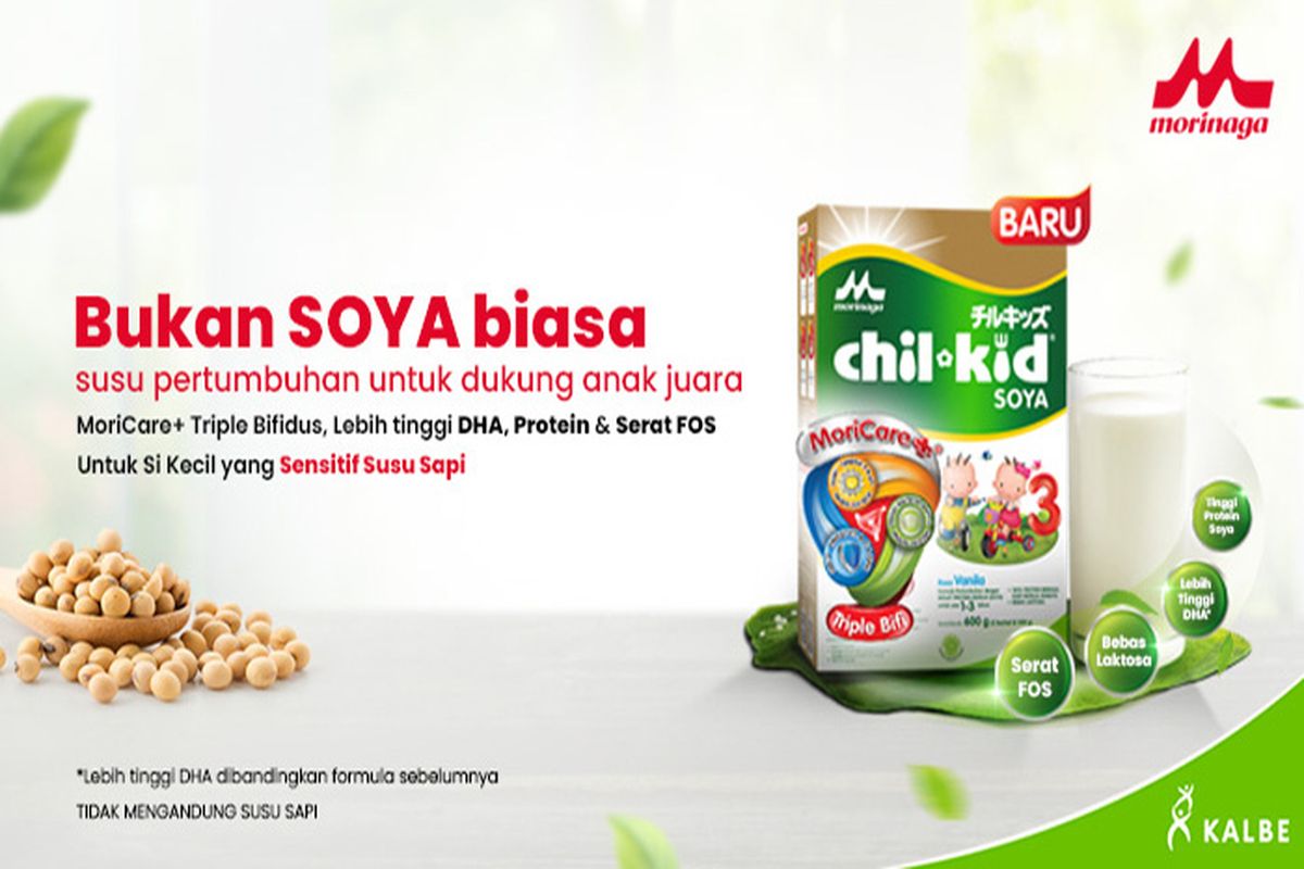 Morinaga Chil Kid Soya hadir dengan MoriCare+ Triple Bifidus, tinggi protein soya, serta serat pangan FOS.