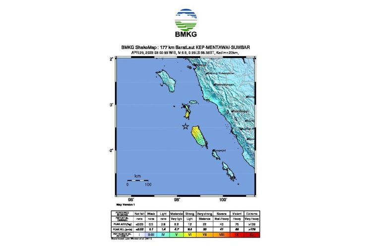 Gempa bumi berkekuatan magnitudo 6,9  mengguncang Kepulauan Mentawai, Sumatera Barat pada Selasa (25/4/2023) dini hari.