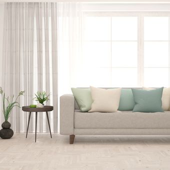 Ilustrasi ruang keluarga bergaya minimalis dan Skandinavia.