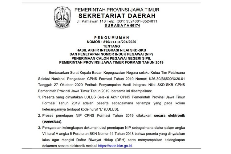 Informasi Pemberkasan Dan Link Pengumuman Hasil Cpns 2019 Pemprov Jawa Timur