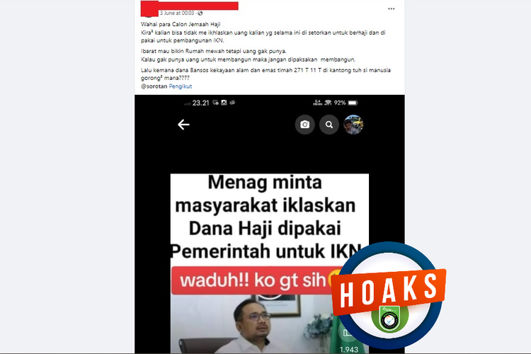 Tangkapan layar Facebook narasi yang menyebut Menag meminta masyarakat mengikhlaskan dana haji untuk pembangunan IKN
