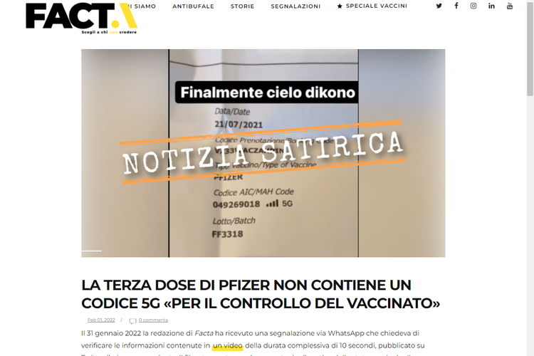Tangkapan layar situs pemeriksa fakta asal Italia, Facta.news pada 1 Februari 2022, yang menelusuri kode 5G rekayasa pada sertifikat vaksin.