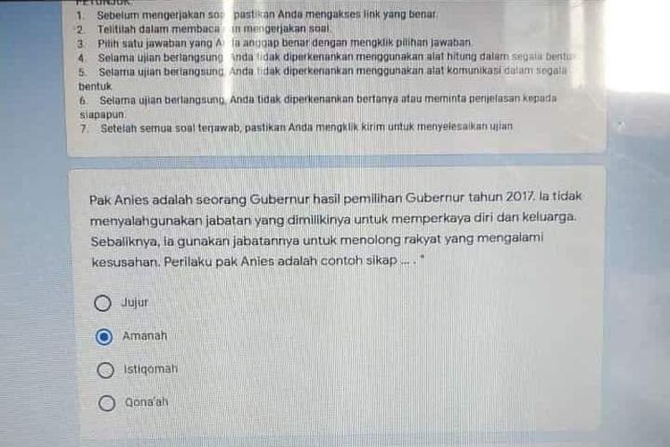 Salah satu soal ujian sekolah di Jakarta yang mencantumkan nama Anies.