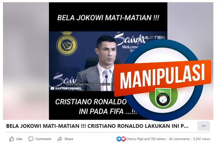Tangkapan layar Facebook narasi yang menyebut bahwa Cristiano Ronaldo membela Presiden Jokowi terkait keputusan FIFA mencopot Indonesia sebagai tuan rumah Piala Dunia U20 2023