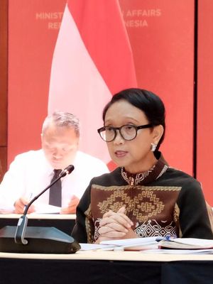 Indonesian Foreign Minister Retno Marsudi during a press briefing at the Indonesian Ministry of Foreign Affairs