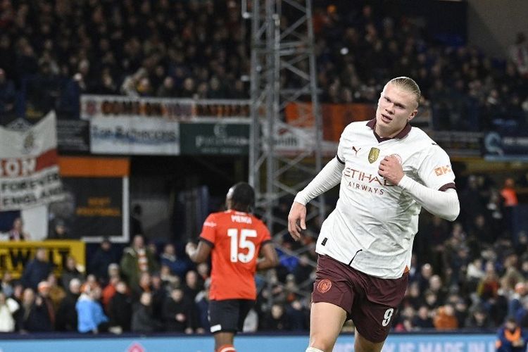 Penyerang Manchester City, Erling Haaland, menggila dalam laga babak kelima Piala FA Luton Town vs Man City pada Rabu (28/2/2024) dini hari WIB.