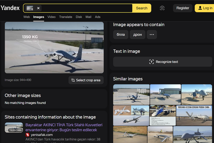 Tangkapan layar pencarian gambar di Yandex, soal pesawat tanpa awak Akinci.