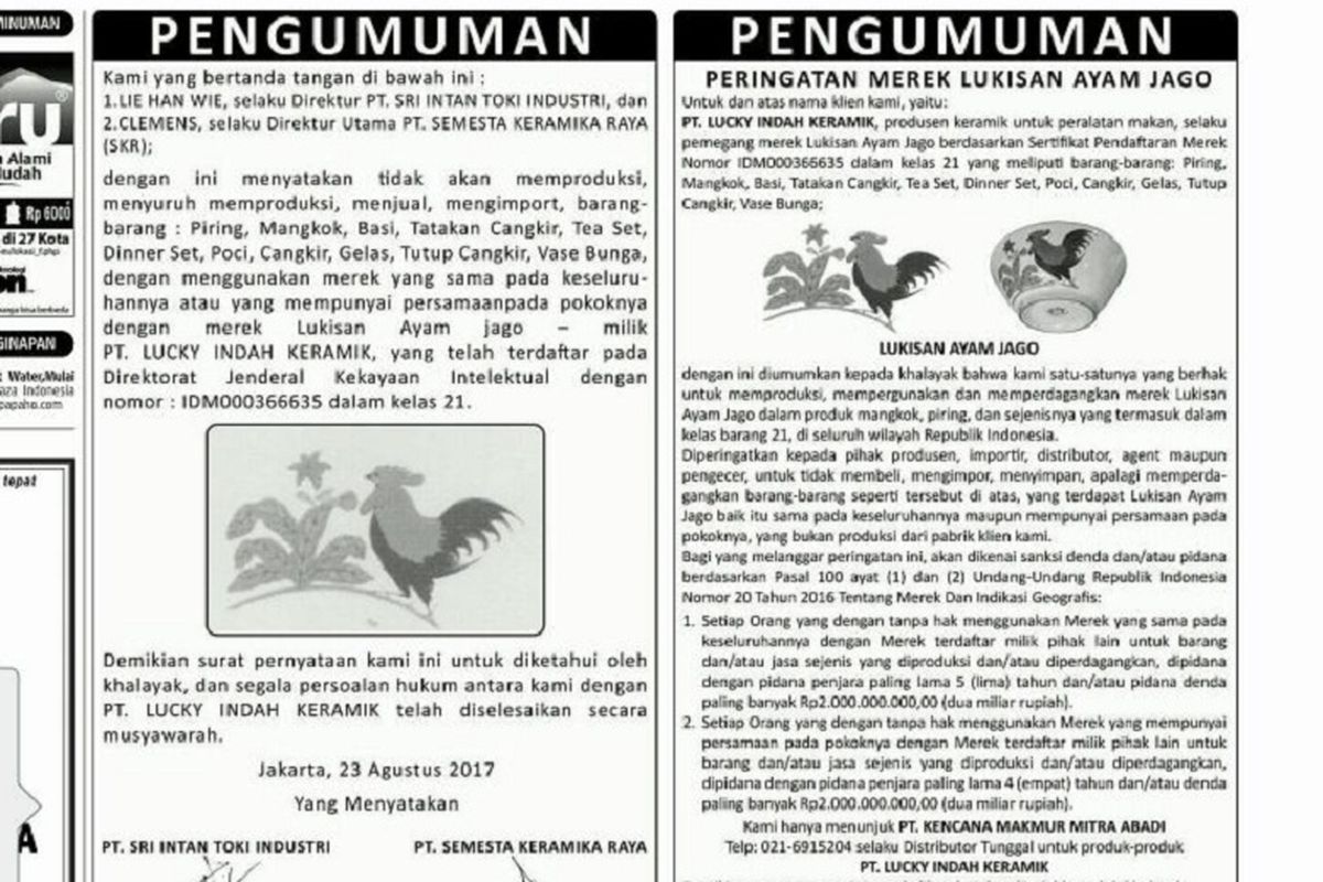 Pengumuman mengenai peringatan merek lukisan Ayam Jago.