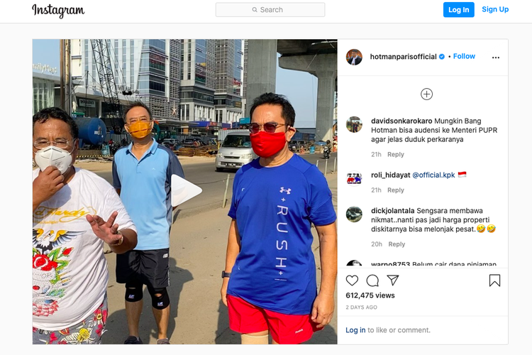 Akun Instagram Hotman Paris Hutapea yang berisi kritik tentang pembangunan Tol Layang Dalam Kota Jakarta Seksi A Kelapa Gading-Pulogebang.