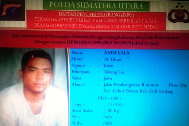 Pria yang diduga sebagai otak pelaku pembunuhan satu keluarga di Medan, Andi Lala diringkus di Riau, Sabtu (15/4/2017)