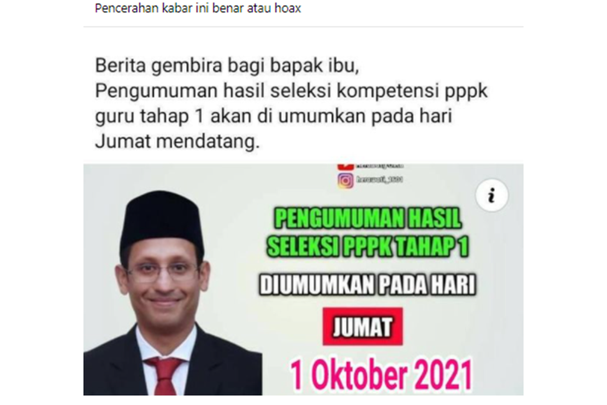 Beredar informasi yang menyatakan hasil seleksi kompetensi tahap 1 Pegawai Pemerintah dengan Perjanjian Kerja (PPPK) 2021 untuk formasi guru akan diumumkan Jumat (1/10/2021).