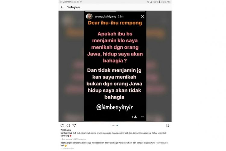 Snapgram kegeraman Kahiyang Ayu pada netizen yang menyindir rencana pernikahannya, viral dari akun gosip @lambenyinyir.