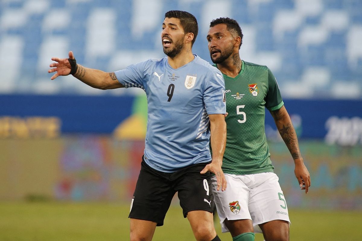 Penyerang Urugay Luis Suarez pada laga Copa America 2021 kontra Bolivia di Stadion Pantanal Arena, Cuiaba, Brasil, Jumat (25/6/2021) dini hari WIB.