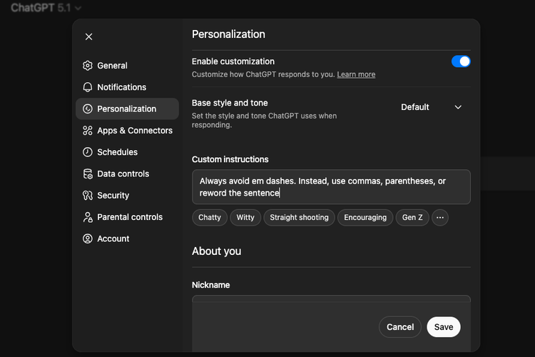 Menu custom instruction di ChatGPT.