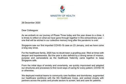 Menkes Singapura Kirim Surat untuk Tenaga Kesehatan, Begini Isinya